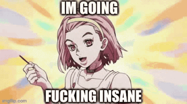 a pink haired anime girl is holding a stick and pointing up with the words `` im going fucking insane '' .