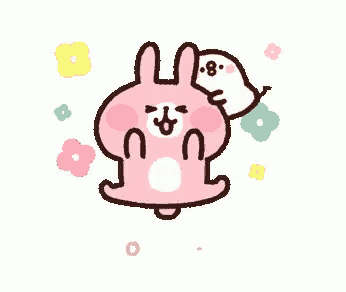 a pink rabbit and a white penguin are sitting next to each other on a white background .