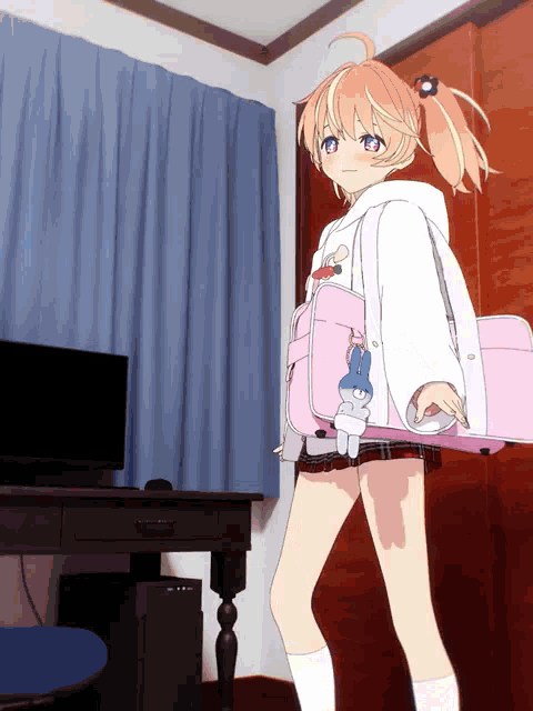 a girl with orange hair is holding a pink bag with a stuffed animal on it