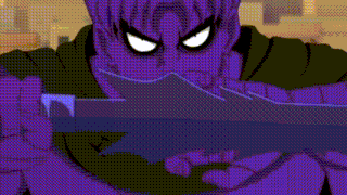 a purple cartoon character is holding a gun in his hand and pointing it at the camera .
