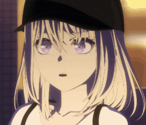 a close up of a girl wearing a hat with purple eyes
