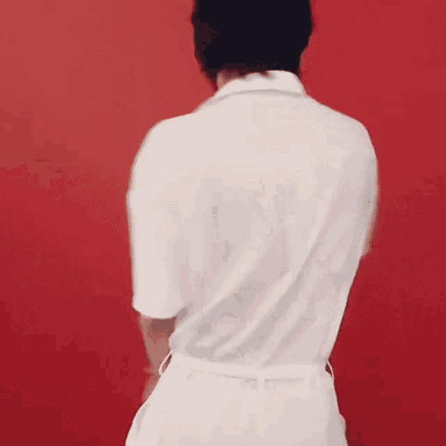 the back of a person wearing a white shirt and white pants is standing in front of a red wall .