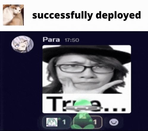 a successfully deployed message with a picture of a person in a hat