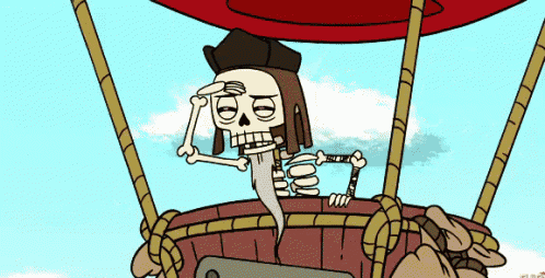 a cartoon of a skeleton in a hot air balloon with a pirate hat on