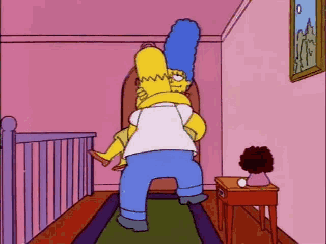 a cartoon of homer simpson carrying marge simpson in his arms .