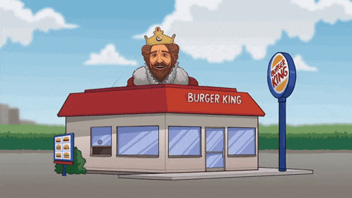 a cartoon drawing of a burger king restaurant with a king on top