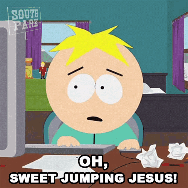 a cartoon character from south park is sitting at a desk with a computer and says oh sweet jumping jesus