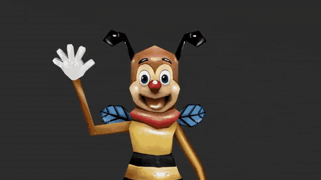 a cartoon bee with blue wings and a red nose is waving