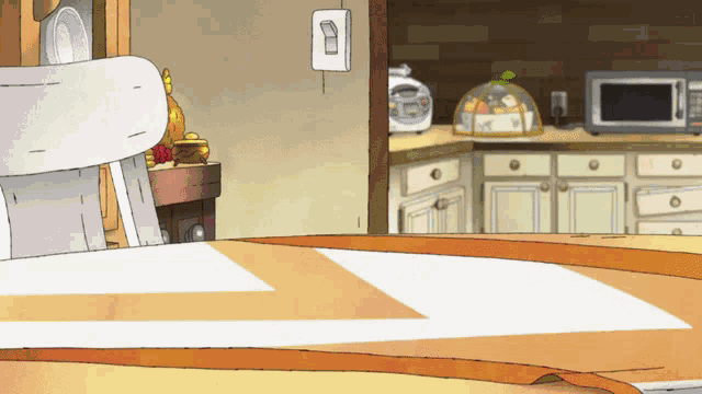 a cartoon of a kitchen with a microwave and a stove