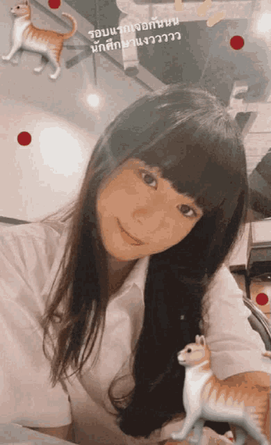 a girl in a white shirt is taking a selfie