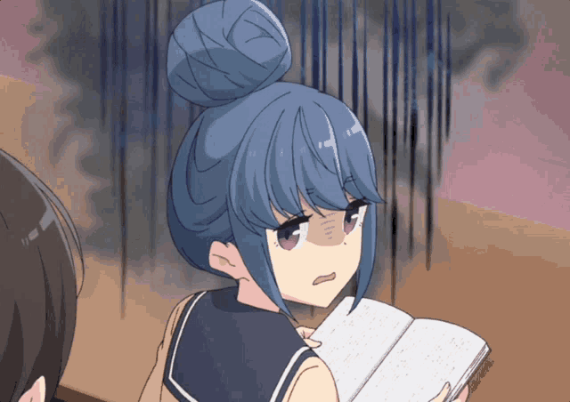 a girl with blue hair is reading a book and making a funny face