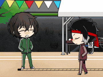 two anime characters are standing next to each other on a track
