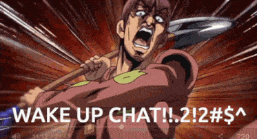 a cartoon of a man holding a shovel with the words wake up chat written on it .
