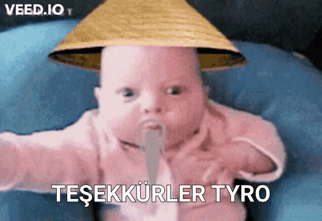 a baby wearing a straw hat with the words tesekkurler tyro written below it