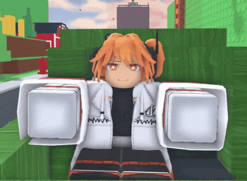 a girl with orange hair and a white jacket with ak on it