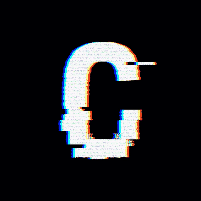 the letter g is shown in a glitch effect on a black background
