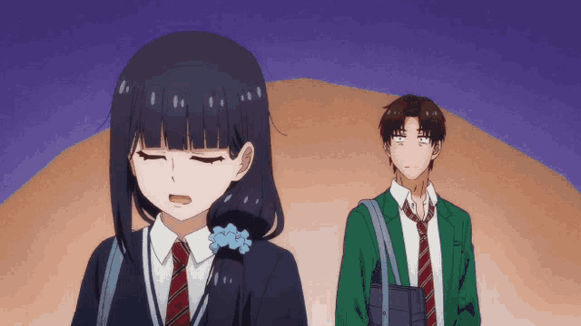 a boy and a girl are standing next to each other in a cartoon