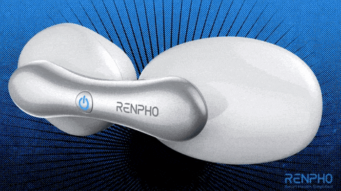 a pair of white renpho earbuds with a blue power button