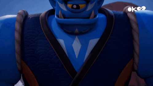 a blue monster with one eye and the word okoo behind it