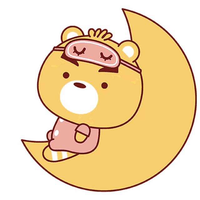 a cartoon of a bear wearing a sleep mask laying on a crescent moon