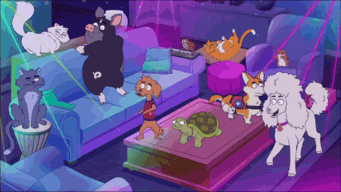 a group of cartoon animals including a pig and a poodle are gathered around a table
