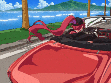 a cartoon of a woman in a red car