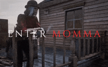 a woman standing on a porch with the words " enter momma " on the bottom