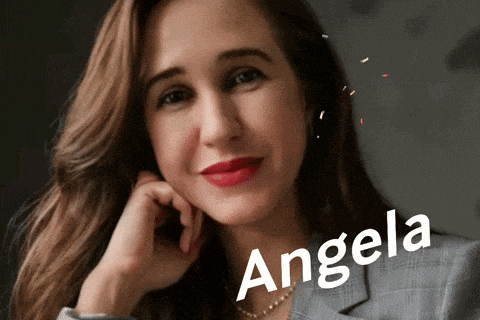 a woman with red lipstick and the name angela written on her face