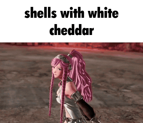 a video game character with pink hair and the words shells with white cheddar above her