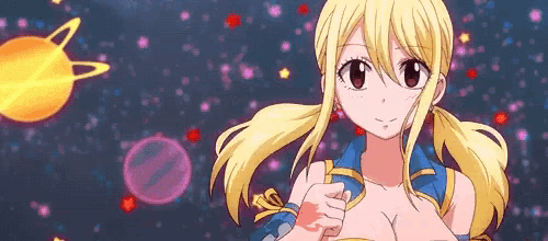 a girl with blonde hair stands in front of a planet