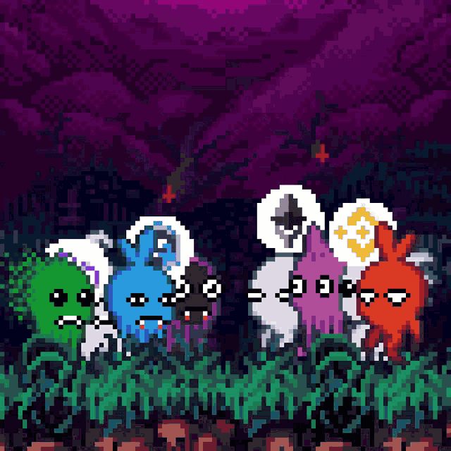 a pixel art of a bunch of monsters standing in a field