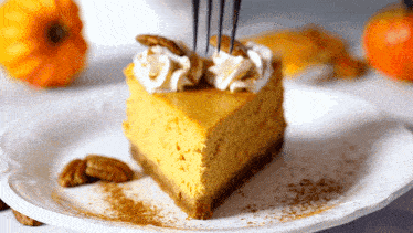 a slice of pumpkin cheesecake on a white plate with a fork
