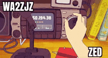 a cartoon drawing of a person using a radio with the words wa2zjz and zed