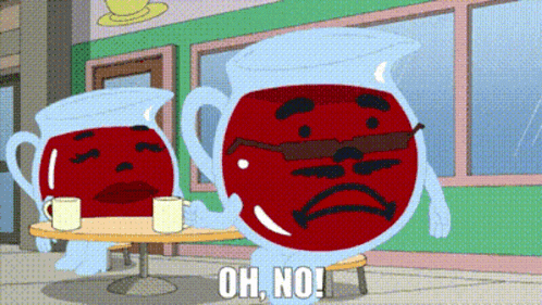 a cartoon of a pitcher with a sad face says " oh no "