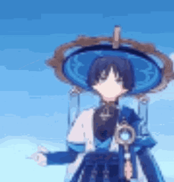 a cartoon character is wearing a blue hat and a white dress .
