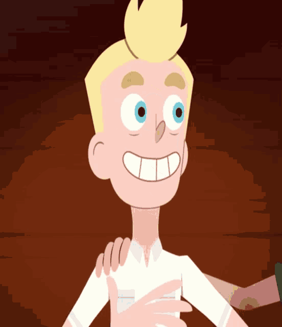 a cartoon character with blonde hair and blue eyes is laying on his back