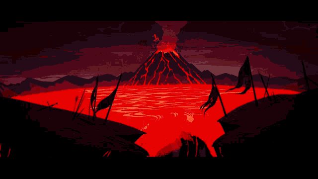 a cartoon drawing of a man standing in front of a wall of red flames