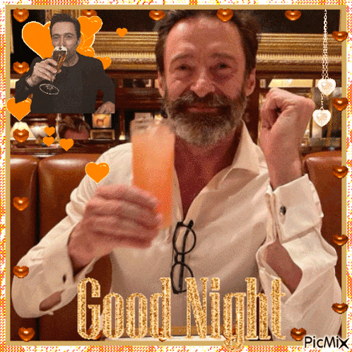 a man with a beard is holding a glass of orange liquid with the words good night written on it