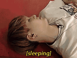 a young man is laying on a red couch with the words sleeping above him .