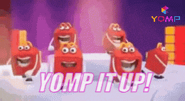 a group of mcdonald 's happy meal characters dancing with the words yomp it up in pink letters