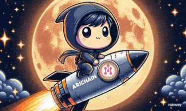 a cartoon illustration of a girl riding a rocket with the word arichain on it