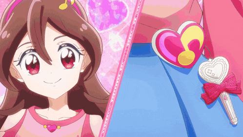 a girl in a pink top has a heart shaped necklace on her waist