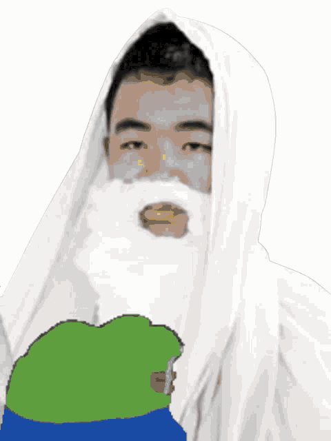 a man with a white beard and a green frog on his shoulder making a peace sign