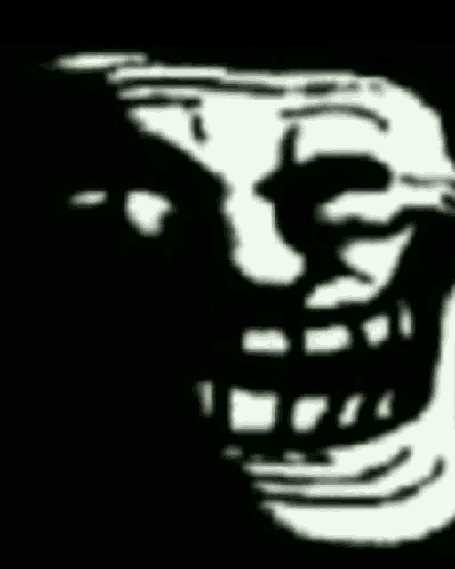 a black and white drawing of a troll face with teeth and a hat .