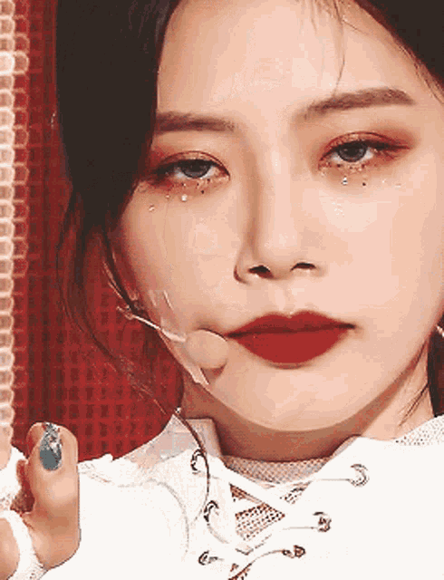 a close up of a woman 's face with a microphone on her face