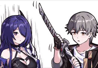 a boy and a girl are standing next to each other and the boy is holding a sword