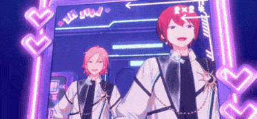 two anime characters are standing next to each other in front of a sign that says ' eh wow ' on it