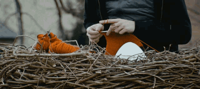 a person is knitting while sitting in a nest