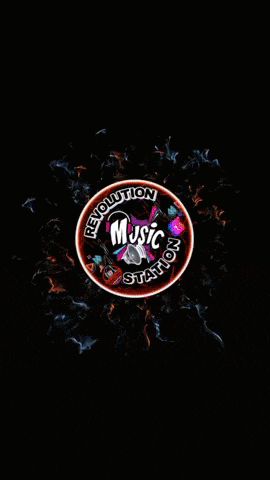 a revolution music station logo is surrounded by fire
