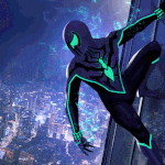 a man in a purple and green spiderman suit is hanging from a building